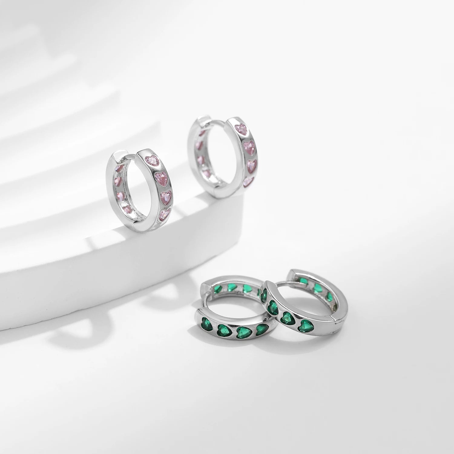 Chic Pink & Green Hearts Zirconia Hoop Earrings